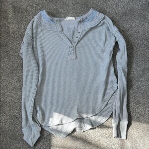 Free People Pale Blue Ribbed Henley with Lace Collar